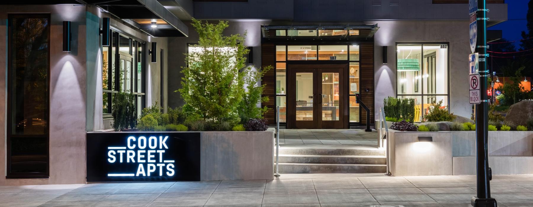 a building with a sign in front